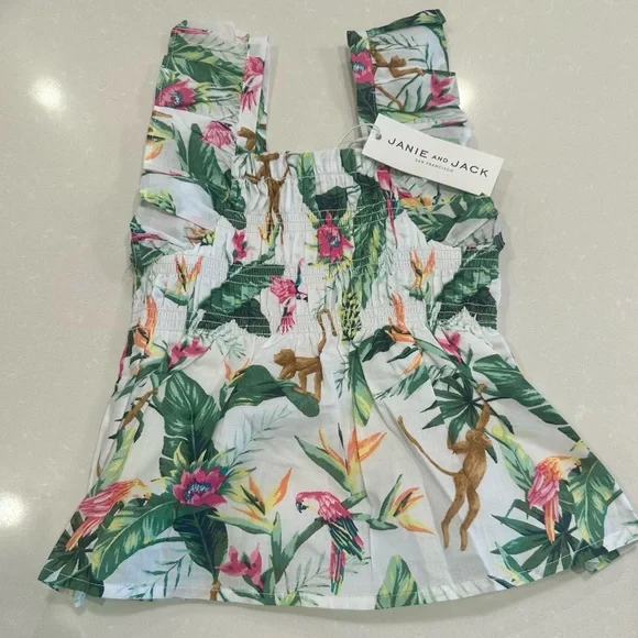 🐒 NWT Janie and Jack Tropical Jungle Smocked Ruffle Cropped Top Size 3 - Picture 3 of 9
